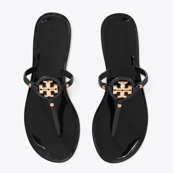 Tory Burch Black Sandals with Gold Emblem - Picture 2 of 5